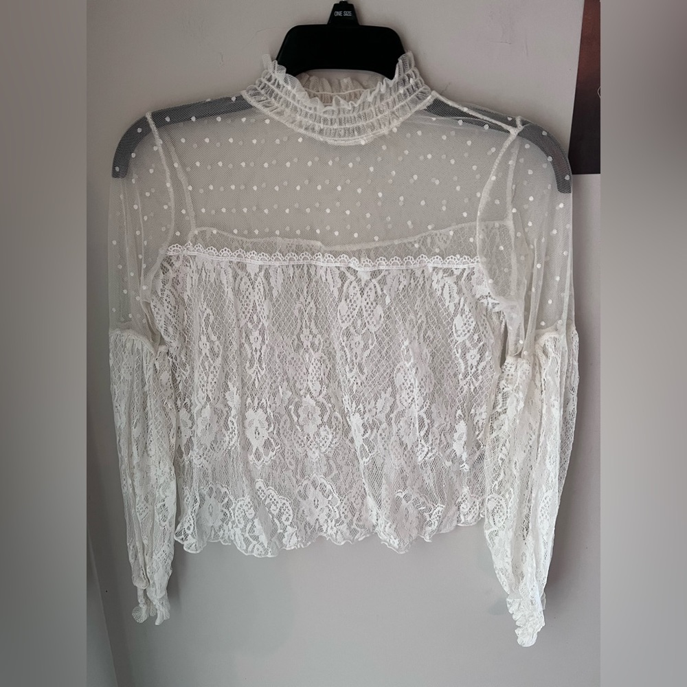 PURPLE SNOW WHITE LACEY long sleeve see thru shirt with high neck